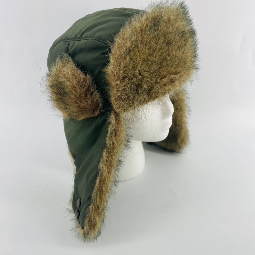 Bomber Hat Men M/L Trapper Style Green Faux Fur Lined Winter Outdoor Quilted Y2K